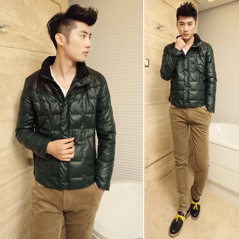 Male winter outerwear quality PU patchwork olive design slim short down coat | Мужская одежда