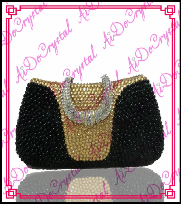 Aidocrystal fashion handmade black and golden diamonds ladies handbag and matching high heeled shoes for party
