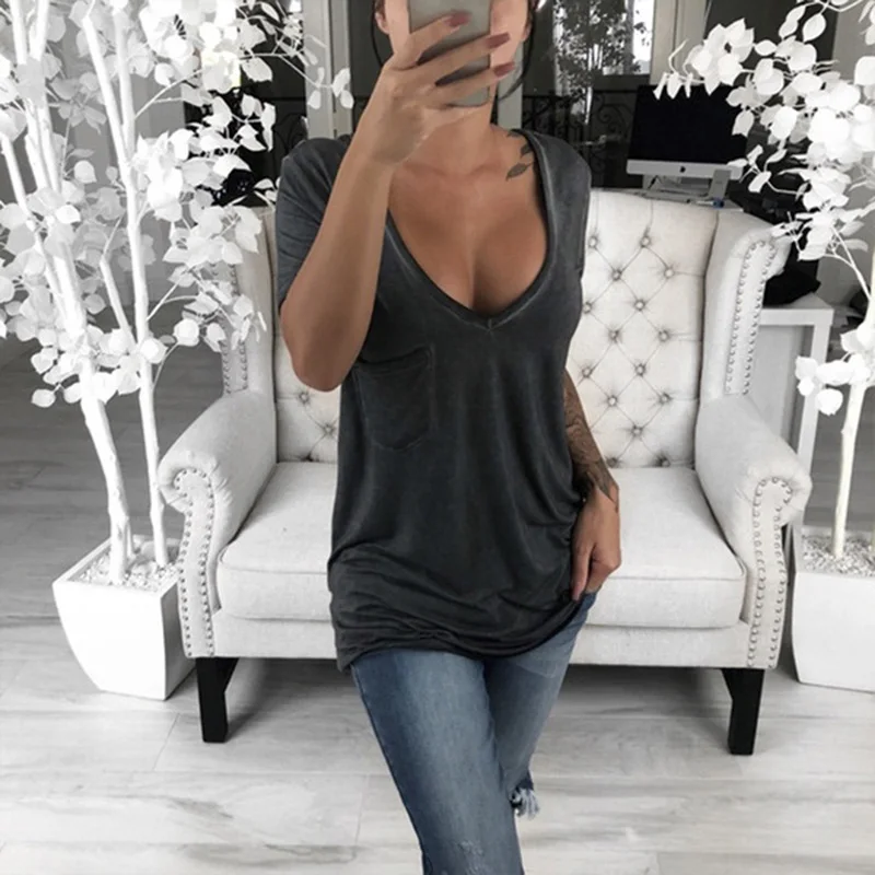 

S-5XL Solid Women T-shirts V-Neck Casual Loose Tee Tops Summer Short Sleeve Ladies Basic White Black T shirt Women Plus size