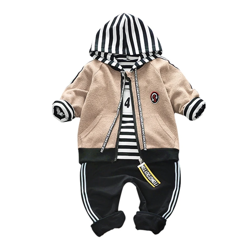 

3Pcs/set Children's Clothing Hooded Zipper Autumn Baby Boy Coat Long Sleeve Stripe T-shirt+Sweatshirt+Trousers Outfits Set