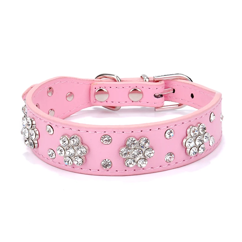 1PCS Flower Rhinestone Dog Collar Pet PU Leather Collars Pet Dog