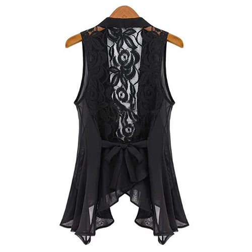 

SANWOOD Women Summer Fashion Medium Vest Lace Back Sleeveless Pleated Hem Blouse Jacket