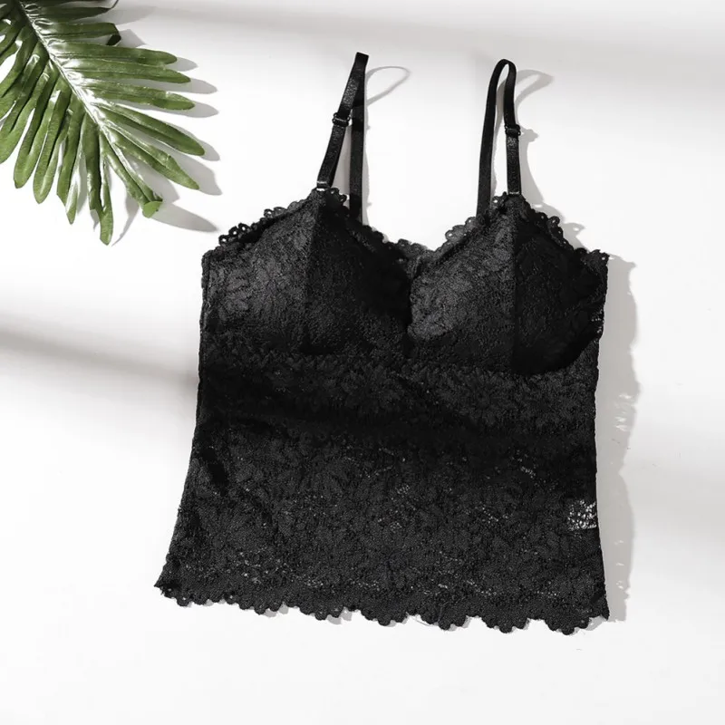 Women Soft Removable Padded V-Neck Tops Hollow Lace Mesh Summer Camisoles Lace Camis Tops