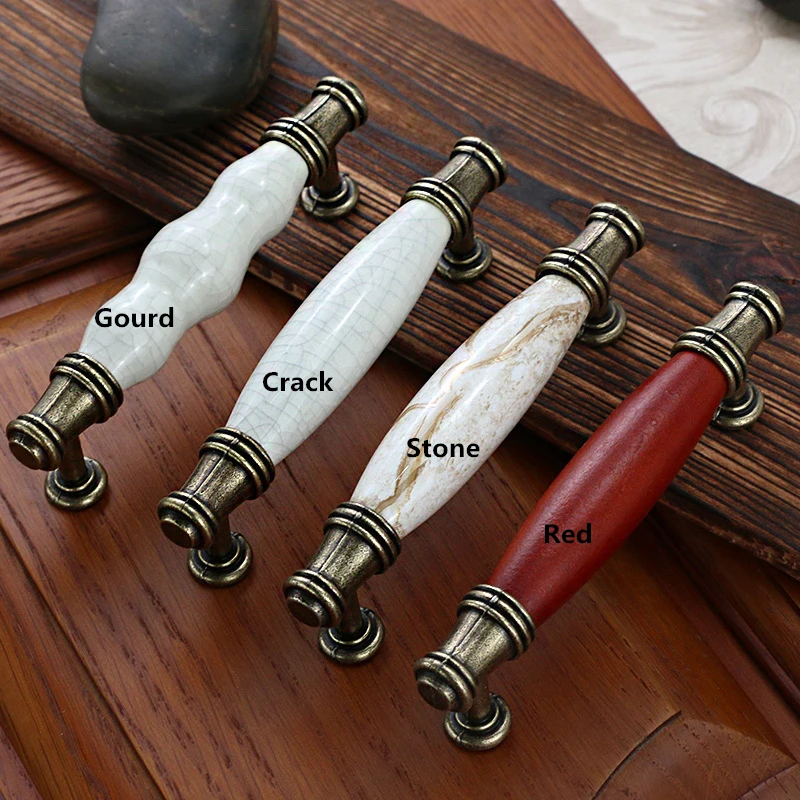 4 Types Gourd Crack White Red Ceramic Cabinet Door Handles For