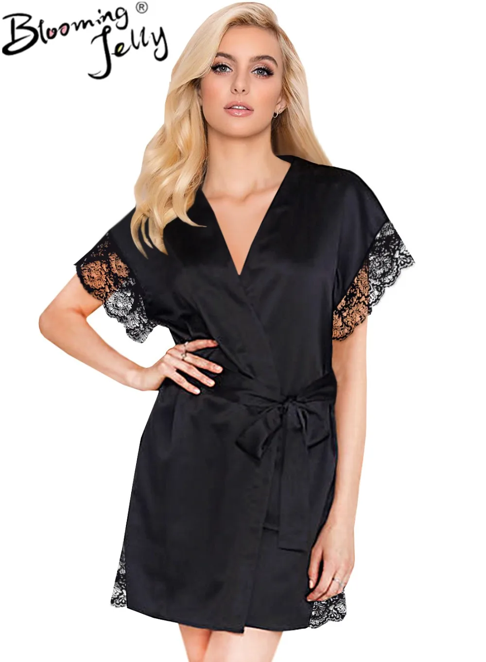 Blooming Jelly 2018 Women Short Sleeve V Neck Sexy Nightwear Kimono