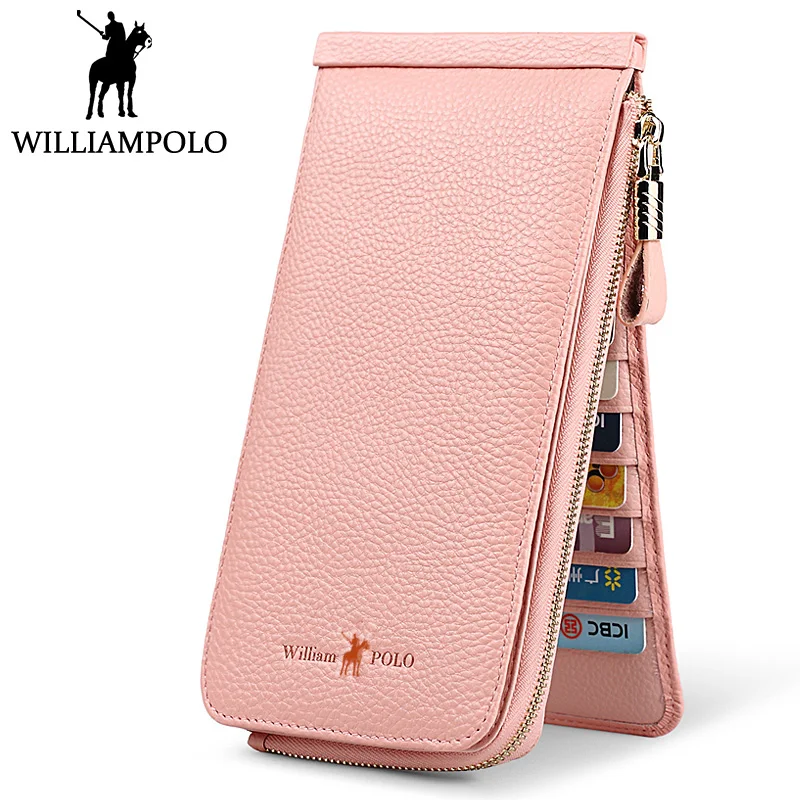 

Williampolo Genuine Leather Women Wallet Pink Kawaii Zippy Long Card Holder Phone Wallet Fashion Handy Purse portefeuille femme
