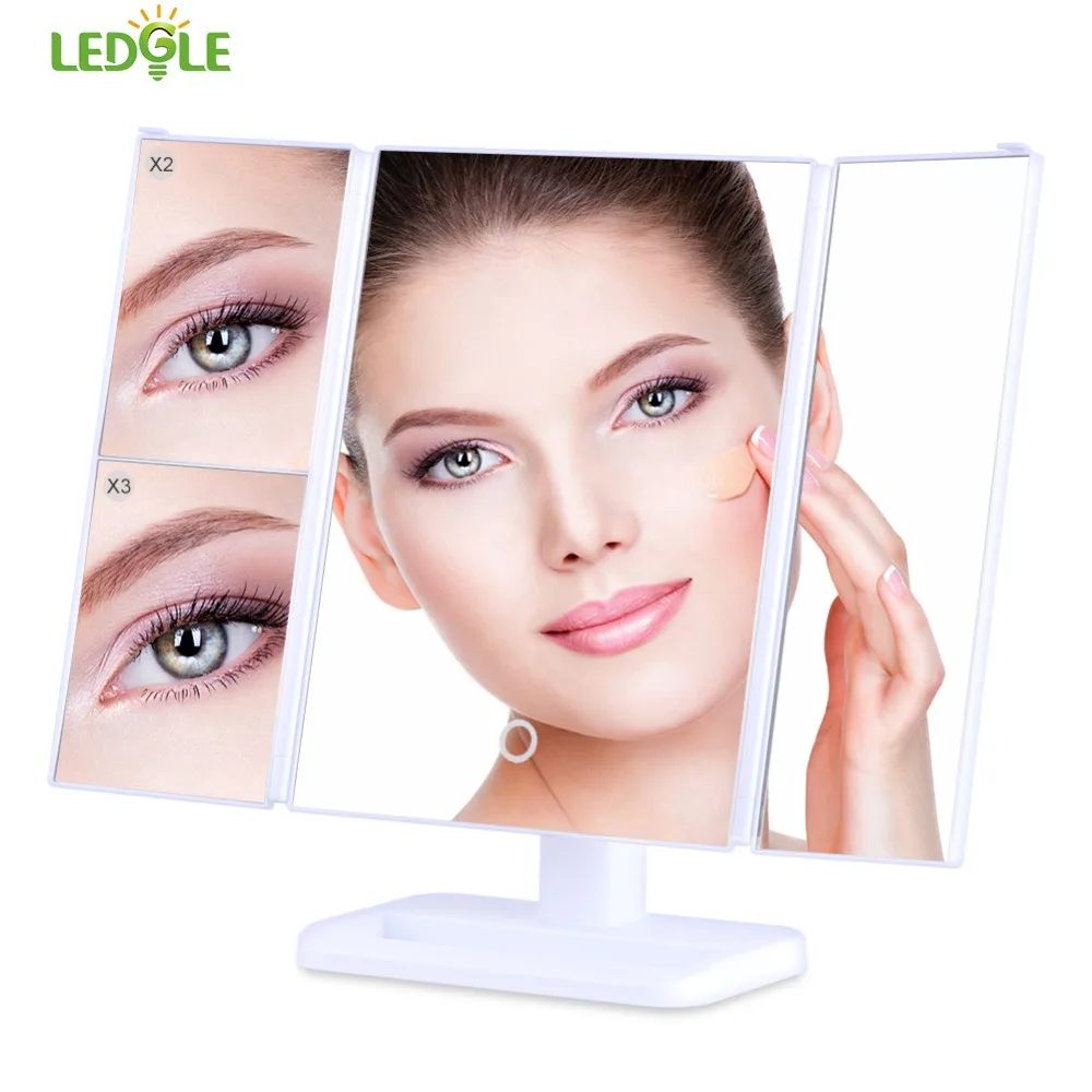 

LEDGLE Trifold Makeup Mirror Clear Compact Vintage Mirrors with 24 LED Beads 1X/2X/3X Magnifying Rotatable Design Touch Control