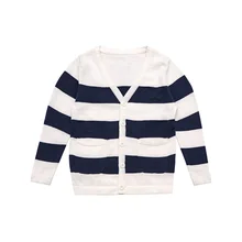 Хлопковый Детский свитер в полоску кардиган с длинными рукавами и v-образным вырезом для мальчиков, весенне-летние свитеры с карманами, детская одежда для маленьких мальчиков