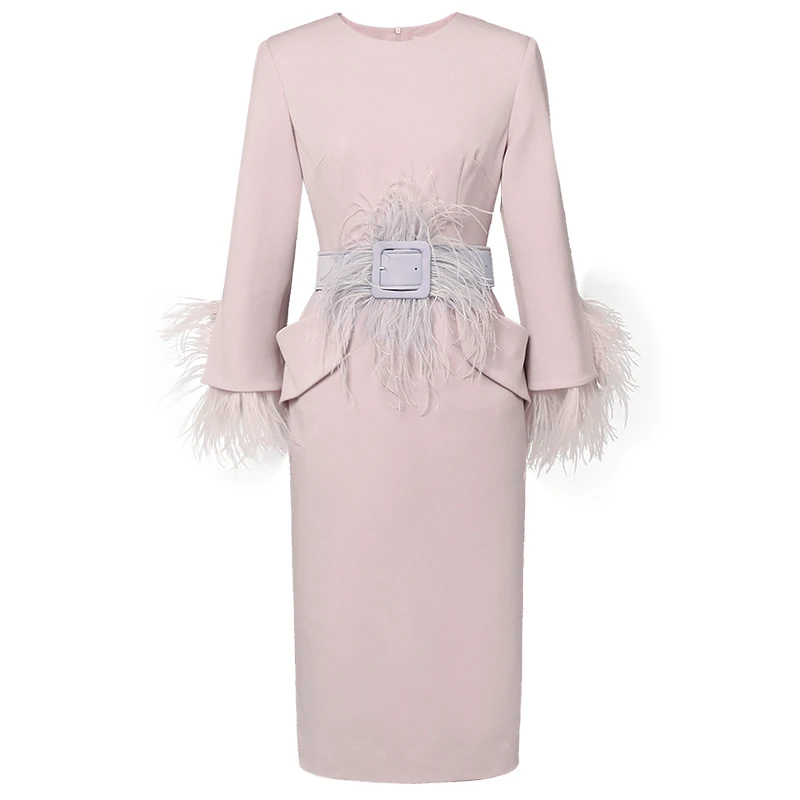 Printemps Plume Robes De Crayon Haute 2019 Poches Été Patchwork Mode Robe Ceinture Manches Qualité Femmes Style Nouvelle C vpqEZ