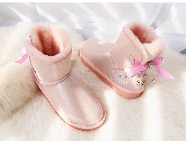 G& Zaco/роскошные ботинки из овечьей кожи; милые зимние ботинки со стразами и бантом; короткие зимние ботинки на плоской подошве из натуральной шерсти; женские ботильоны из натуральной кожи