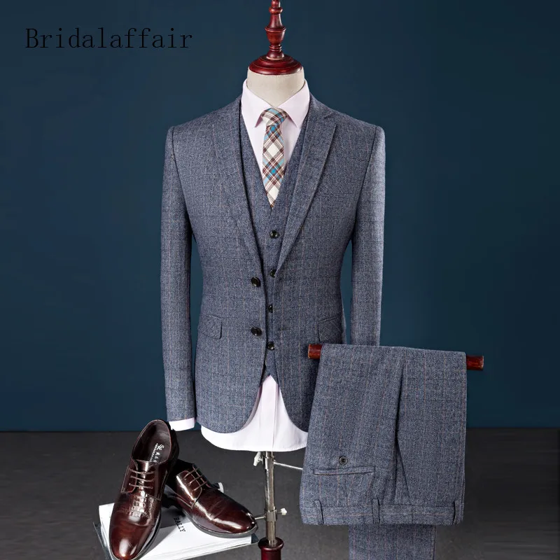 Bridalaffair 2018 Классический мужской костюм из 3 предметов Terno Masculino клетчатые костюмы с