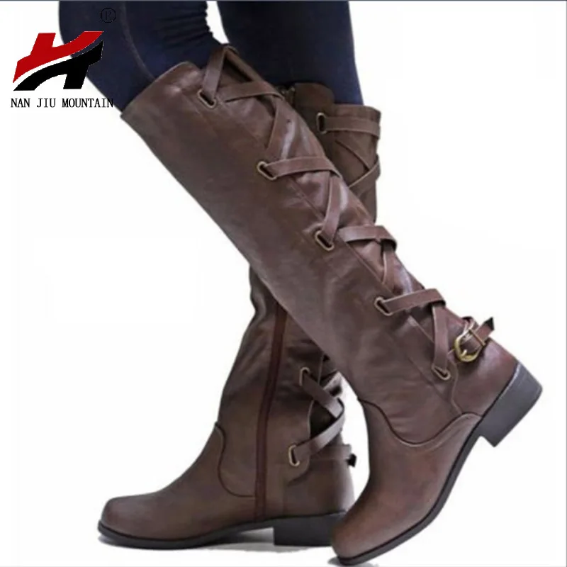 

NAN JIU MOUNTAIN Shoes Woman 2018 Autumn And Winter Five-Color Heel Cross Straps Zipper Flat Women's Mid-Boots Plus Size 35-43