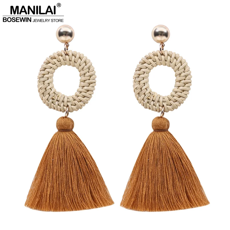MANILAI Women Circular Straw Rattan Tassel Earrings Long Dangle Fringed Earrings Bohemian Statement Eardrop 2018 Jewelry Big
