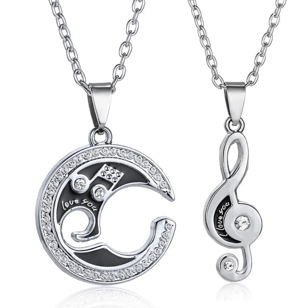 

2 PCS LOVE YOU Musical Note and Moon Link Chain Puzzle Pendant Necklace Crystal Rhinestones Couple Necklace Jewelry for Lovers