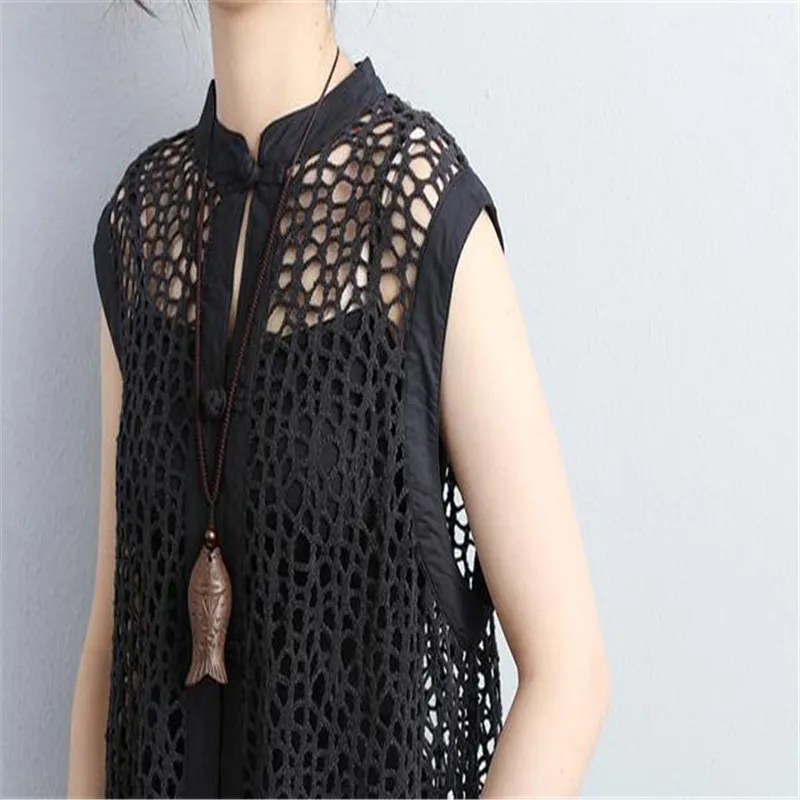 BUYKUD 2018 Summer Women Hollowed Black Suit Sleeveless Stand Collar Long Thin Coat Wide Leg Ankle-Length Pants Two Piece Set Women's Sets