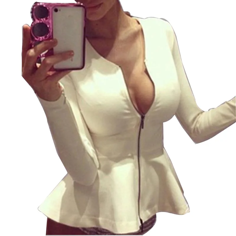 2018 Fashion Women Sexy Jacket Zipper Peplum Ruffle Frill