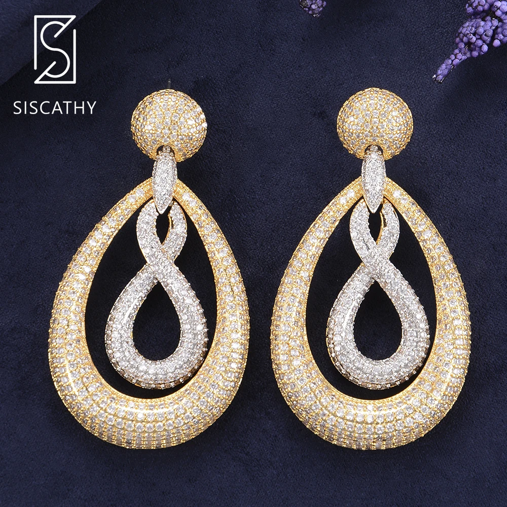 SISCATHY Luxury Gold Or Three Tones Cubic Zirconia Number 8 Shape Hollow Dangle Drop Earrings For Women Indian Nigerian | Украшения и
