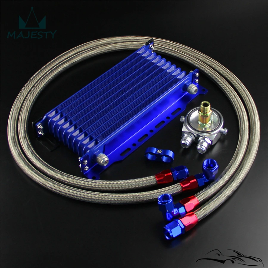

10 Row Trust Oil Cooler w/ 262mm Mounting Bracket + Filter Adapter Hose Kit Blue