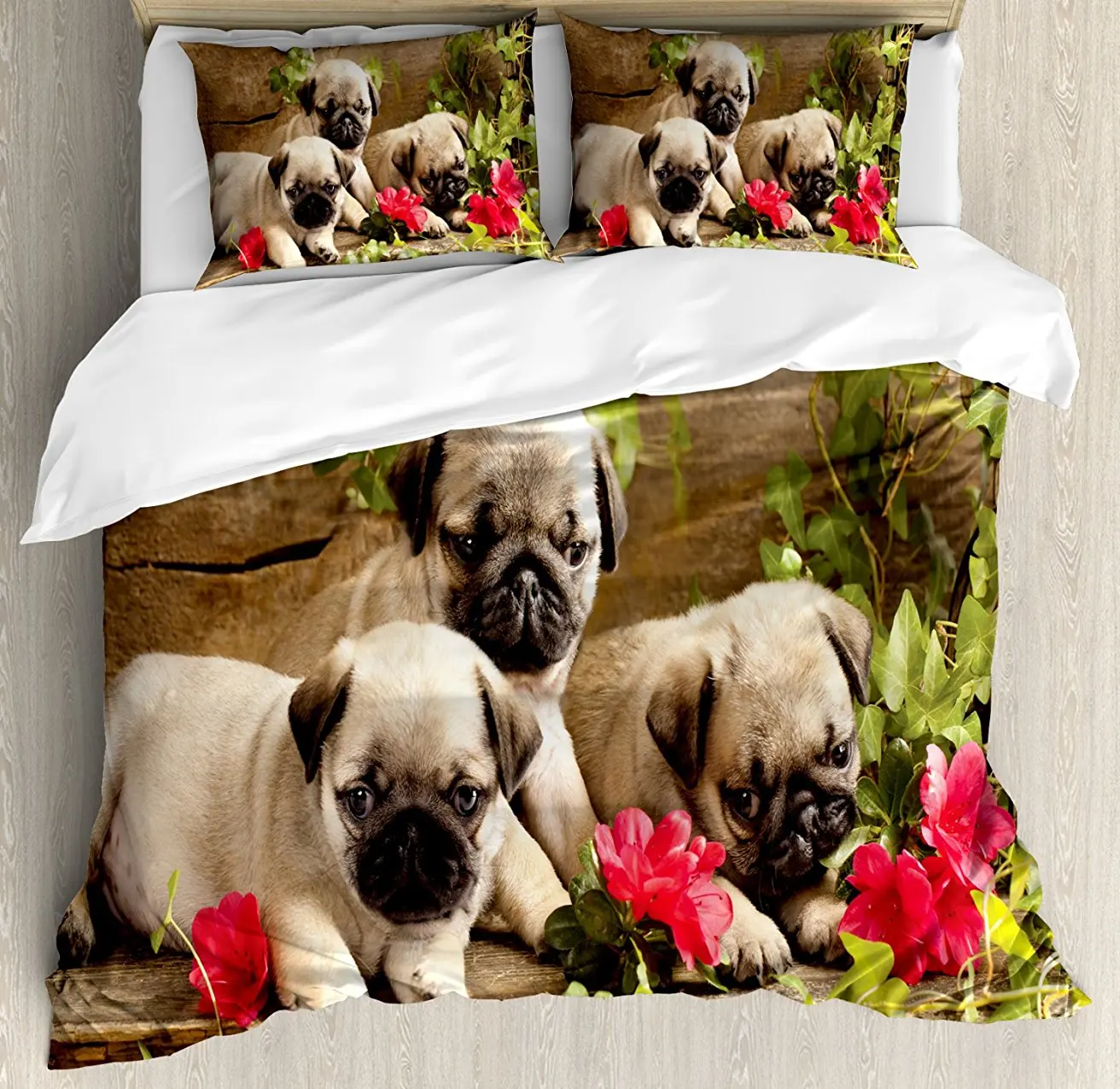 

Pug Duvet Cover Set, Cute Sibling Puppies with Floral Arrangement in front Wooden Backdrop, 4 Piece Bedding Set