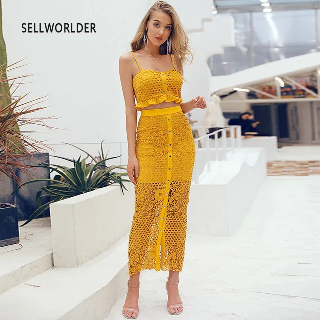 

2019 SELLWORLDER Hollow out bodycon midi women summer dress Embroidery two-piece button Elegant holiday dresses