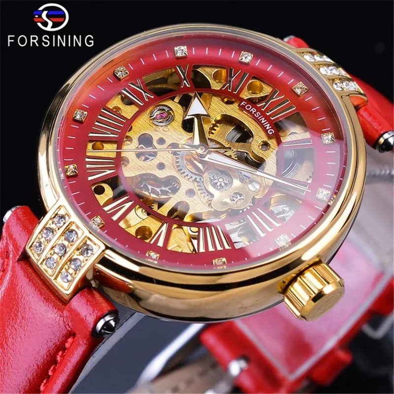 Relógio de Ouro Esqueleto Design Diamante Vermelho