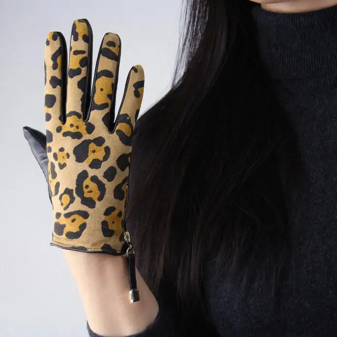 Женские перчатки для вождения из натуральной овечьей кожи с леопардовым принтом, женские модные мотоциклетные перчатки из натуральной замши на молнии R617