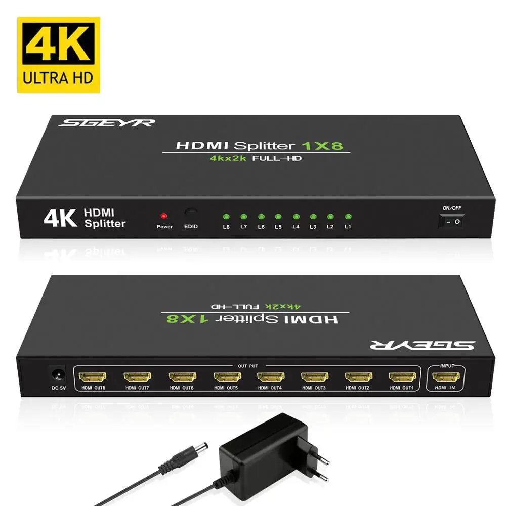 1x8 Питание V1.4 Сертифицированный HDMI сплиттер 1 в 8 выход с Full Ultra HD 4 K/2K@ 30 Гц и 3D разрешением-1 источник на 8 дисплеев