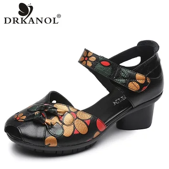 

DRKANOL Big Size 35-41 Women Sandals Summer Fish Mouth Shoes Fashion Printing Genuine Leather Thick Heel Sandals Women High Heel
