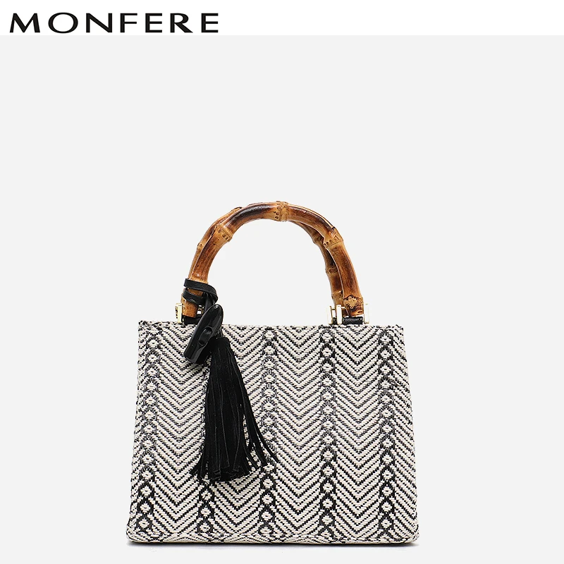 

CEZIRA Small Fashion Ladies Tote Bags Cotton Woven Bamboo Handle Bags for Women Tassel Top-handle Bags Bohemian Girls handbags