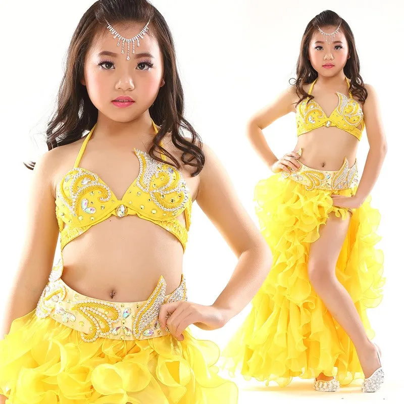 Детская сценическое танец живота Костюмы из 3 предметов Oriental платье бюстгальтер, пояс, юбка танец живота костюм Детская стоимость
