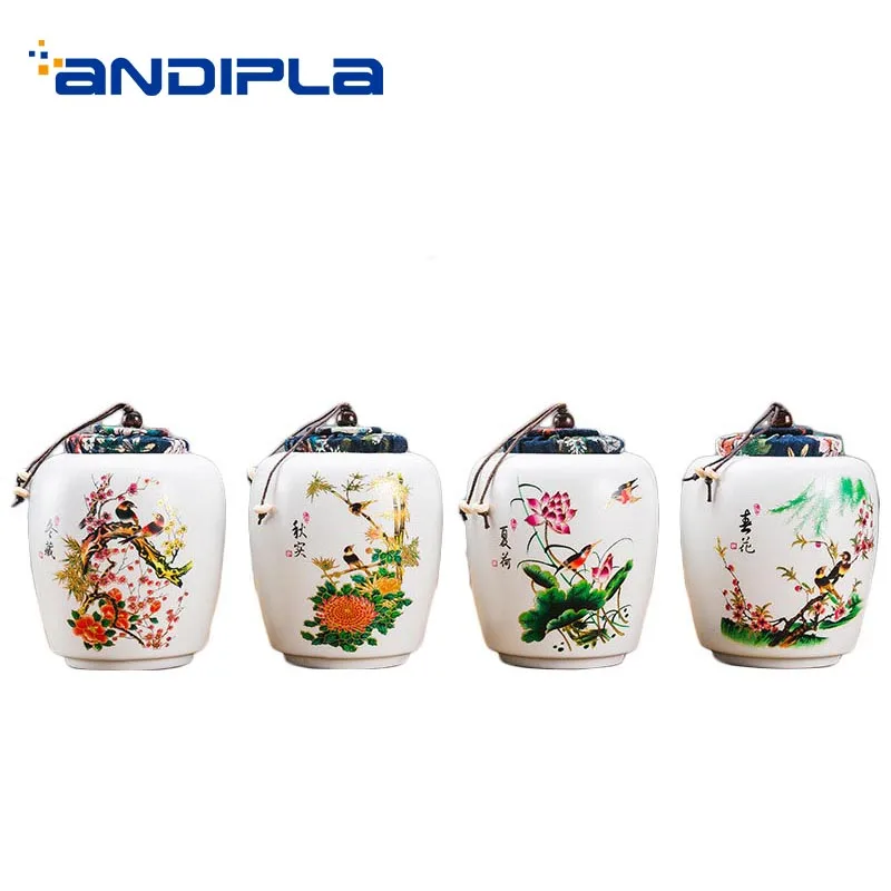 

1PCS Pastoral Style Tea Storage Jar Hand Painted Flower Pattern Ceramic Seal Cans Home Kung Fu Tea Set Teaware Accessories Decor