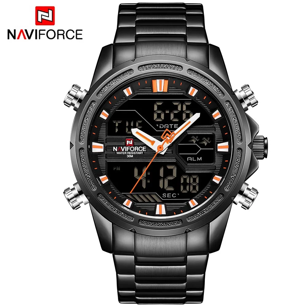 NAVIFORCE 9138 S Роскошные Брендовые мужские часы, модные спортивные часы, мужские водонепроницаемые кварцевые мужские военные наручные часы из нержавеющей стали - Цвет: Black Orange