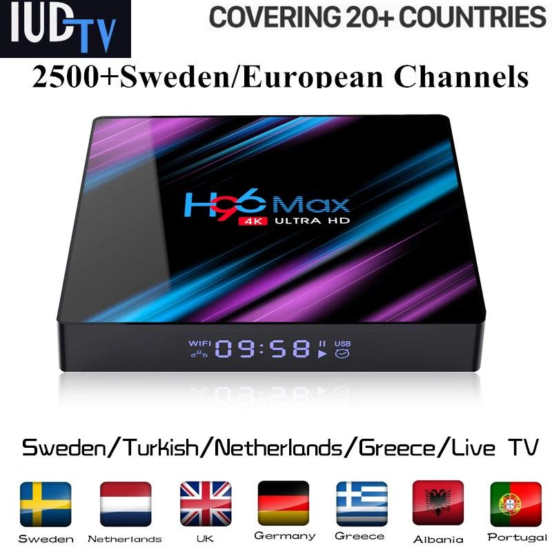 

Best Stable IPTV Sweden Netherlands 1 Year IUDTV PRO RK3318 Android 9.0 TV Box H96 MAX H.265 European Package IPTV Set Top Box