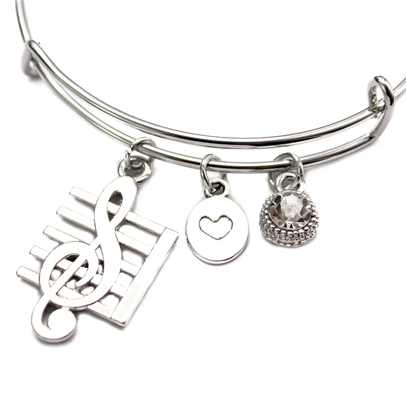 

Classic Adjustable Silver charm Bangles with Musical Notes heart Crystal Drop Bracelets Gifts for Friends Sisters Jewelry