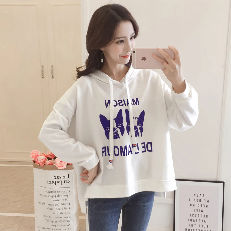 2 cute dogs Printed Fashion autumn winter white Hoodies Harajuku Womens loose Characteristic Hem Design Long Sleeve Sweatshirt Hoodies