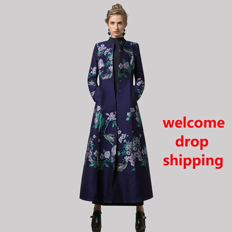 DF Fashion S-XXXL Autumn Winter Embroidery Long Coat Florals Plus Size Luxury Trench Women OL Style Single-Breasted Outwear 6371