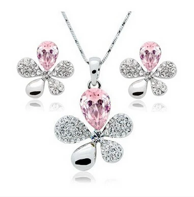 S021 корейской моды сплава кристалл пять листьев травы ожерелье серьги Jewely