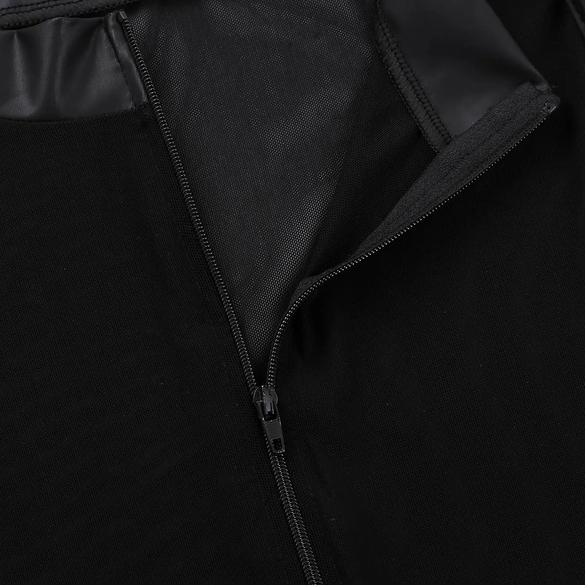 Tiaobug Adult Black Wetlook Patent Leather Sheer Mesh Splice Zipper Crotch Leotard Bodysuit Men Jumpsuit Zentai Club Costume -Zentai shop online