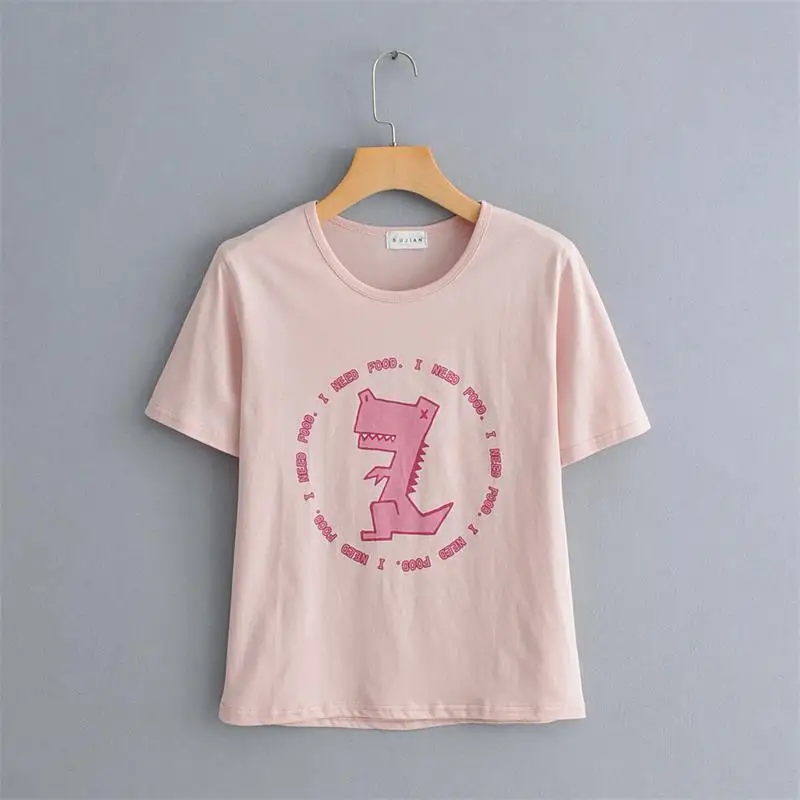 

2019 Fashion Pink Cartoon dinosaur print Lady Tee Women Casual Letters T shirt Summer O neck Short sleeve Shirt Female Tops C884