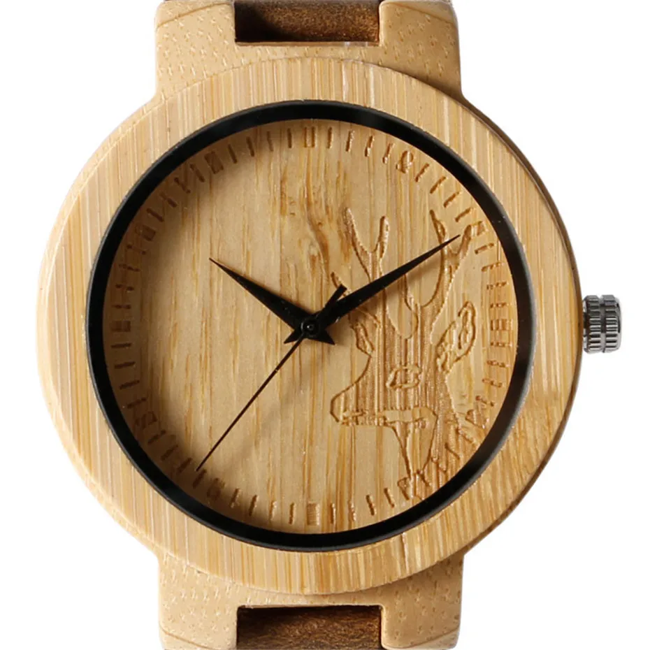 Creative Nature Minimalist Wood Bamboo Deer Head Brown Leather Quartz WristWatch Moose Analog Men Fashion Bangle Bracelet (6)