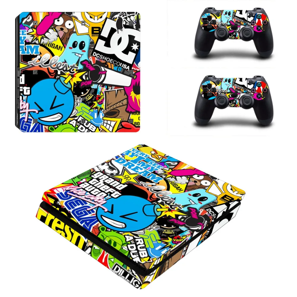 

Skull & Co.  New Cartoon Graffiti PS4 Slim Sticker For Playstation 4 Slim Console +2 Controller Skin Deacl  Accessory