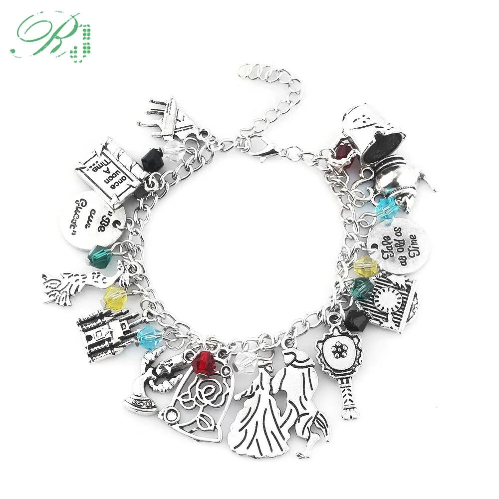 

RJ New Once Upon A Time Broken Cup Bracelets Beauty And the Beast Belle Dance Castle Clock Rose Bangles Men Women Gift Jewelry