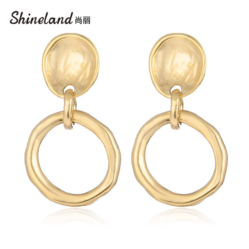 Shineland Vintage Geometric Hollow Round Gold Color Alloy Metal Dangle Drop Earrings Women Statement Jewelry | Украшения и