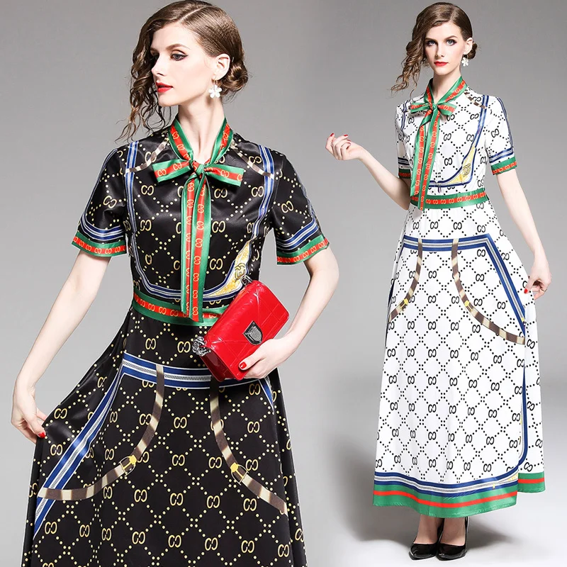 

2019 Spring Summer Fall Runway Vintage Letters Print Bow Tie Neck Empire Waist Short Sleeve Women Party Casual A-Line Midi Dress