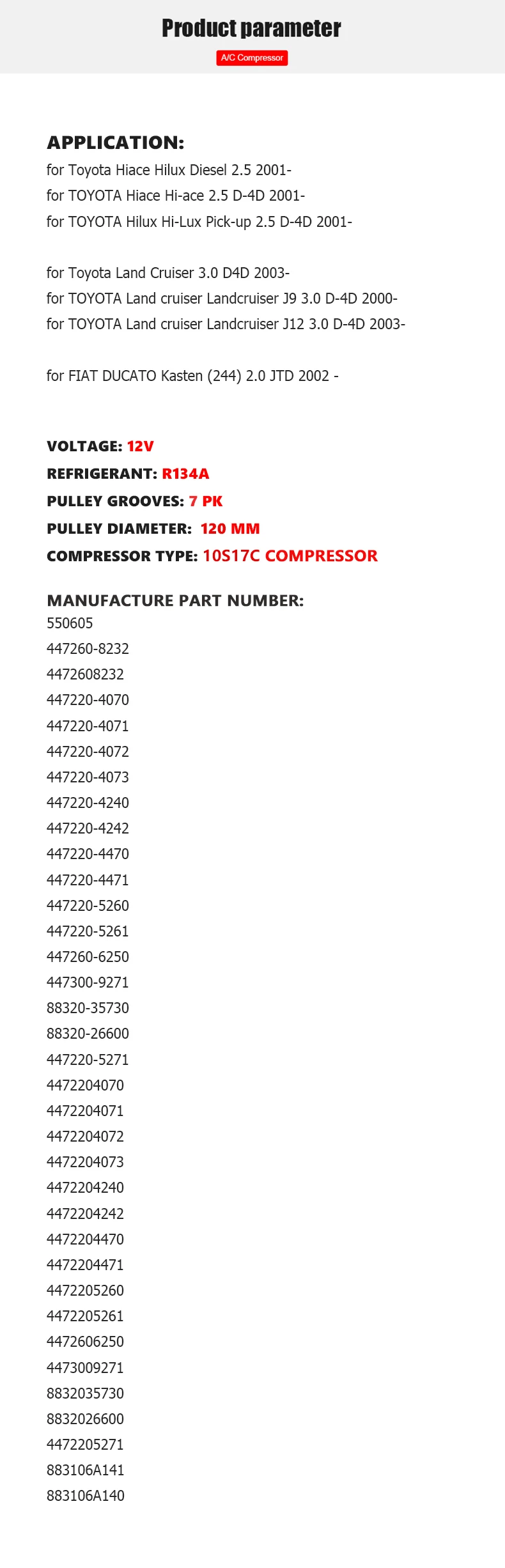 Для Тойота ленд крузер HIACE HILUX 10S17C A/C компрессор 88320-26600 88320-35730 88320-25110 88310-25220 88310-0K270 447260-6250