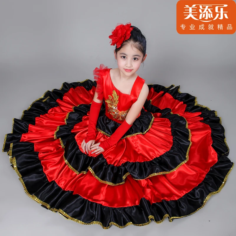 Детская испанская коррида платье костюм фламенко принцесса девушки открытие танец Полный юбка размера плюс качели платье для танцев H549