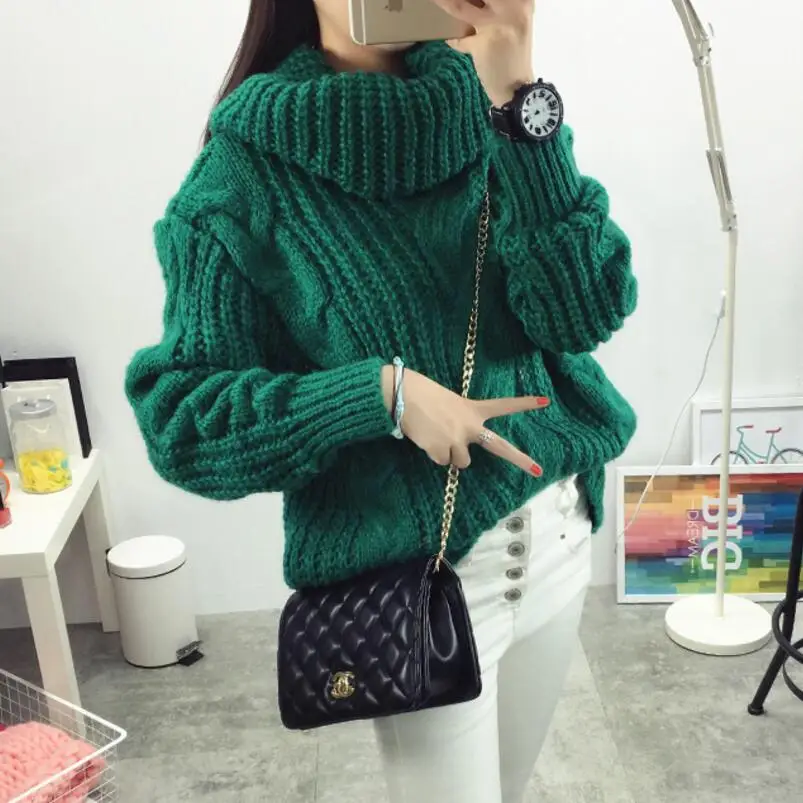 Винтажный свитер с воротником-хомутом, зимний Свободный пуловер с высоким воротом, Женский плотный теплый вязаный свитер - Цвет: Green Sweater