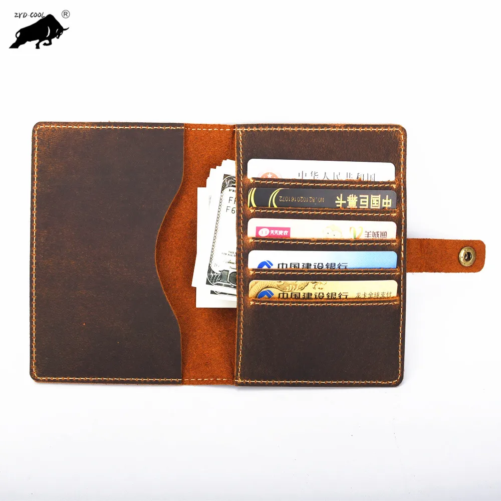 ZYD COOL Vintage Natural Crazy horse leather Hasp Passport Covers wallet card ID holders clip