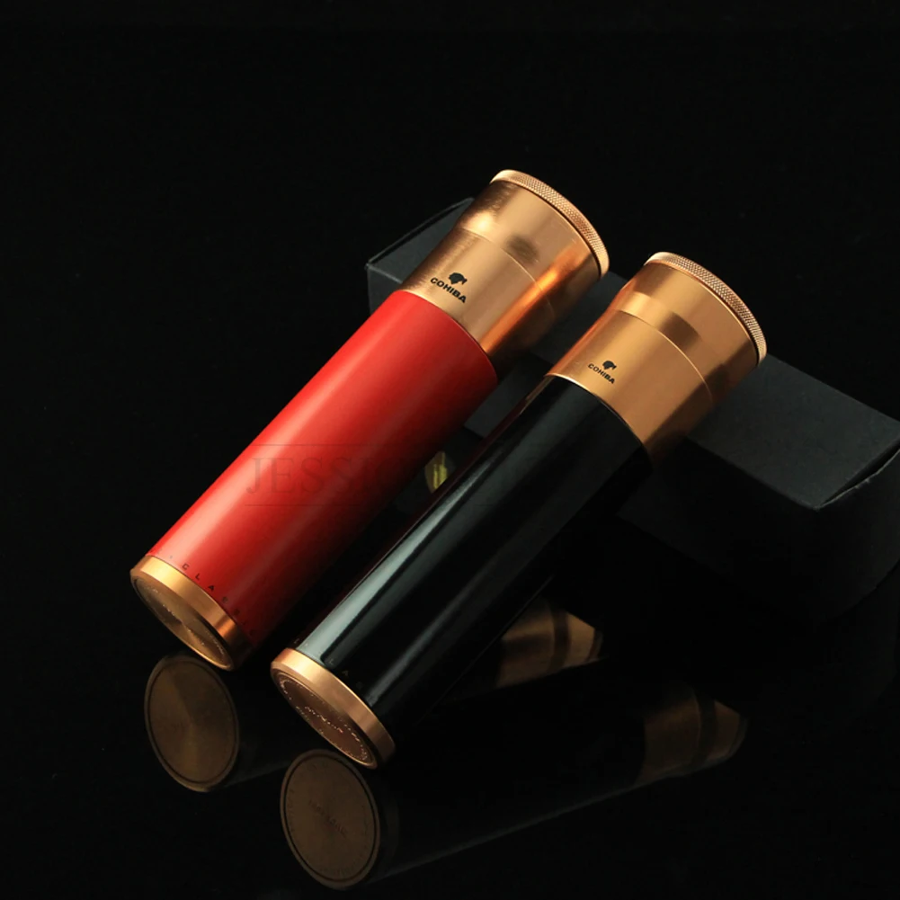 

COHIBA Black/ Red Metal Cigar Tube Portable 3 Tubes Humidor Mini Travel Cigar Case Holder With Built-in Humidifier