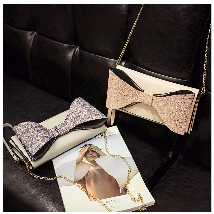 Fashion Bow Women clutch Sparkling luxury lady evening bags chain messenger bag for female Shoulder bag Women's Clutches  (5)
